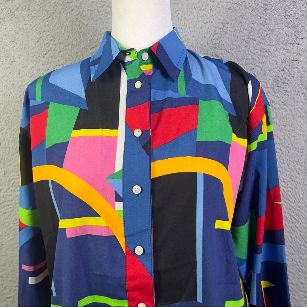 Lauren Ralph Lauren Blouse Womens XS Multicolor Geometric Button Relaxed LS - Picture 2 of 8